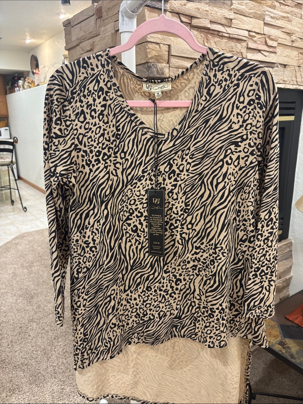 DG2 by Diane Gilman Taupe and Black Mixed Animal Print V-Neck Tunic